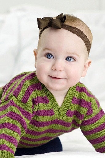 Childrens Clothing -- Hand Knit Baby Sweater, Girls -- PARK ROAD -- Pink and Green Striped V-Neck -- Perfect for Holidays and Baby Showers