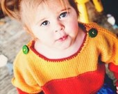 Hand Knit Baby Sweater, Unisex -- Childrens Clothing -- WOODLEY ROAD -- Red, Orange, Yellow Color Block -- Perfect for Spring Baby Showers