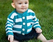 Childrens Clothing -- Hand Knit Baby Sweater, Unisex -- ONTARIO PLACE -- Aqua and White Striped Cardigan -- Perfect for Winter