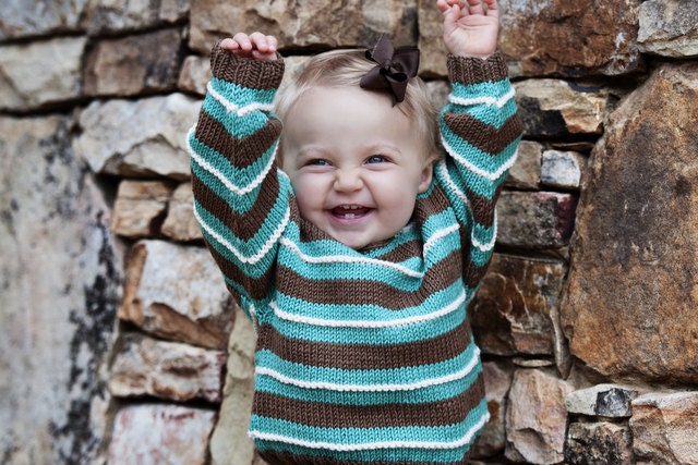 Hand Knit Baby Sweater, Unisex -- Childrens Clothing -- SOMERSET PLACE -- Turquoise and Brown Striped -- Perfect for Spring Baby Showers
