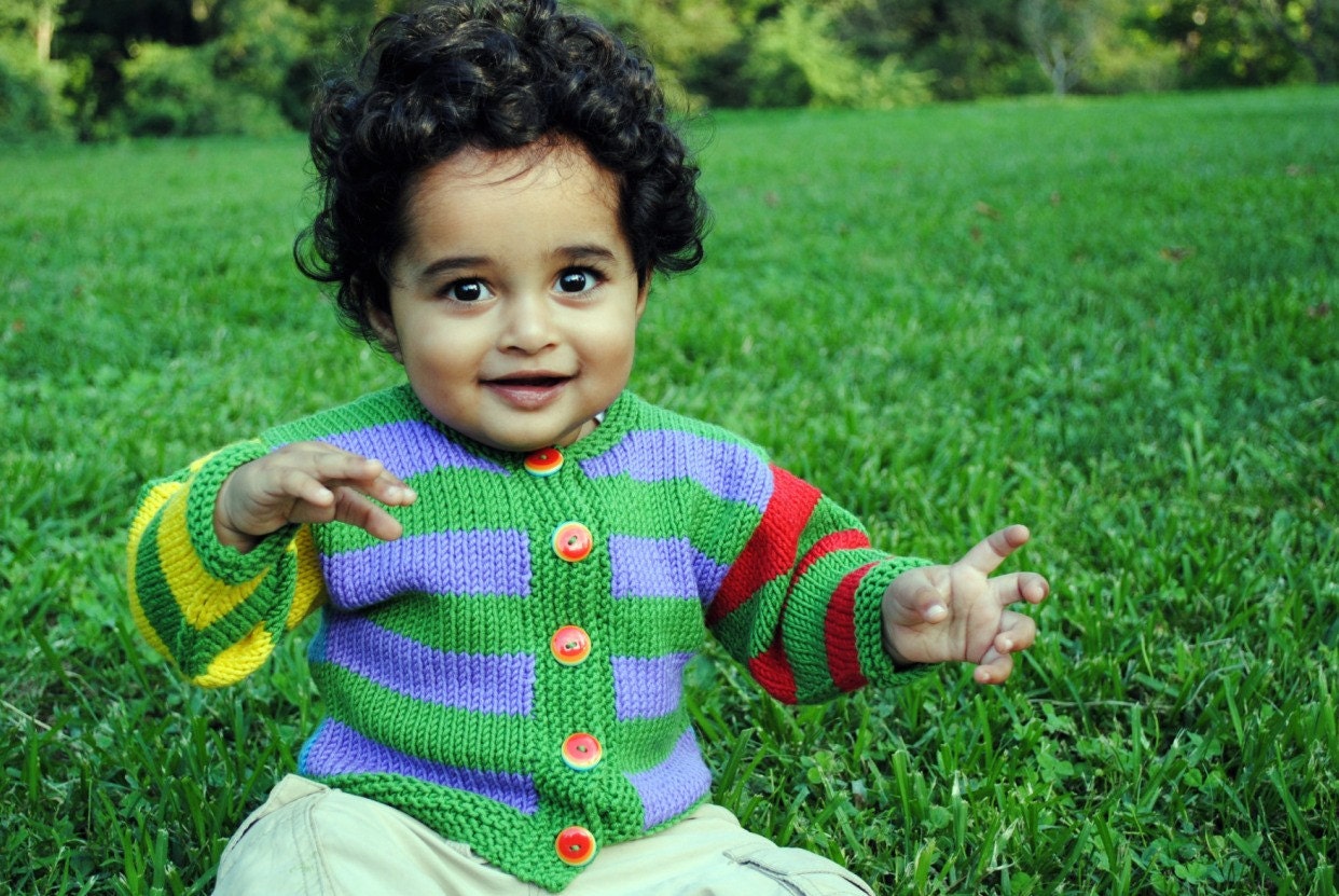 Hand Knit Baby Sweater, Unisex -- APPLETON STREET -- Multi-Colored Striped Cardigan -- Children Clothing -- Perfect for Baby Showers