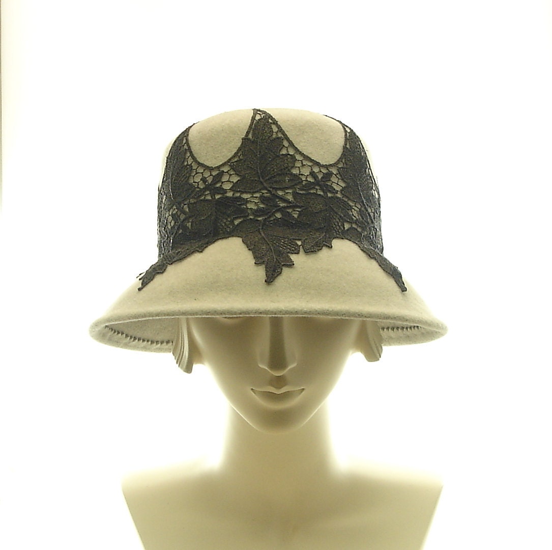 Taupe Cloche Hat for Women - Felt and Lace Vintage Style Hat