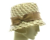 White and Tan Straw Hat for Women - Vintage Style Fedora Hat