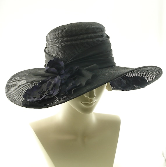 Kentucky Derby Hat For Women - Handmade Wide Brim Straw Hat - Black & Purple Flowers