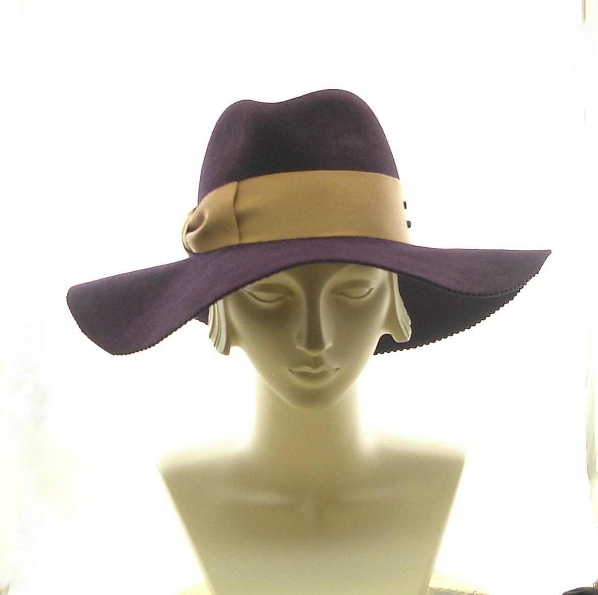 Wide Brim Womens Fedora Hat - Felt Winter Hat - Aubergine Eggplant Purple