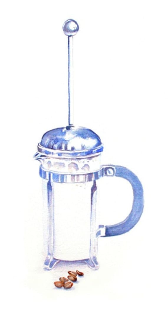 Art Print of Original Watercolor Painting--French Press--Food Kitchen Decor
