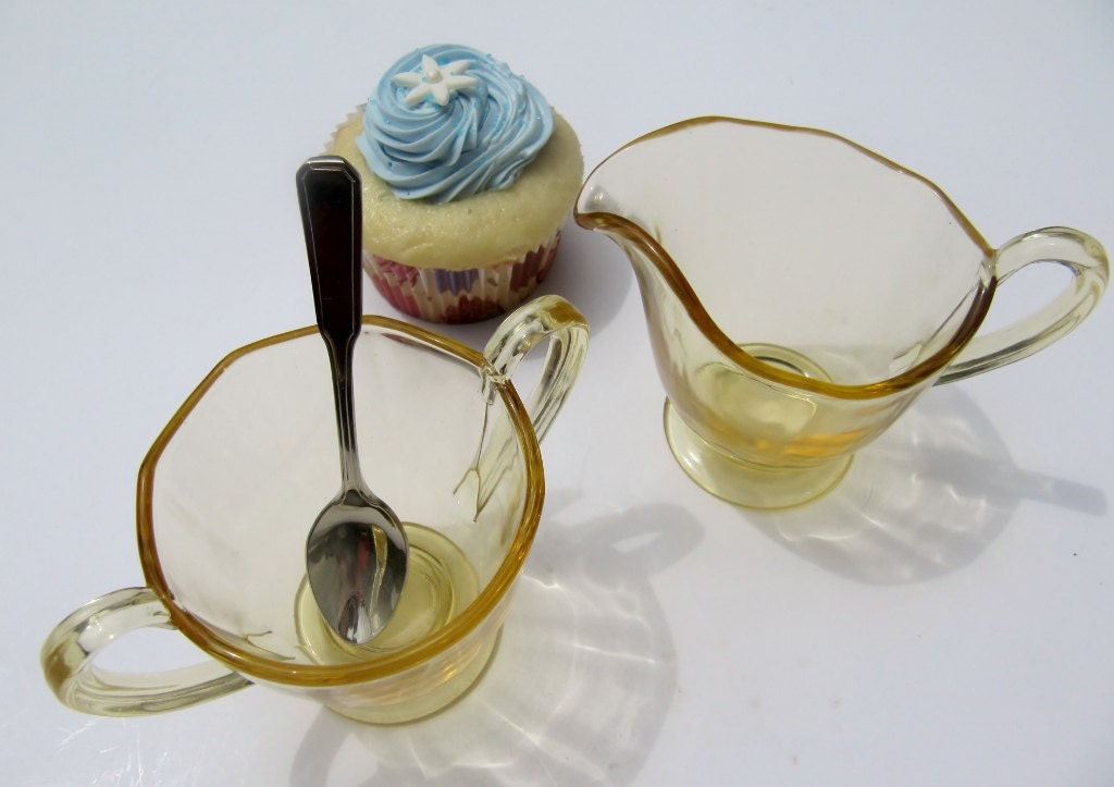 Fostoria Fairfax Orchid Yellow Sugar and Creamer, Elegant Depression Glass