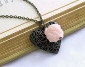 Heart Locket Necklace Pink Rose Necklace Filigree Heart Necklace Vintage Style Jewelry Cottage Chic Wedding Valentine - Love Story