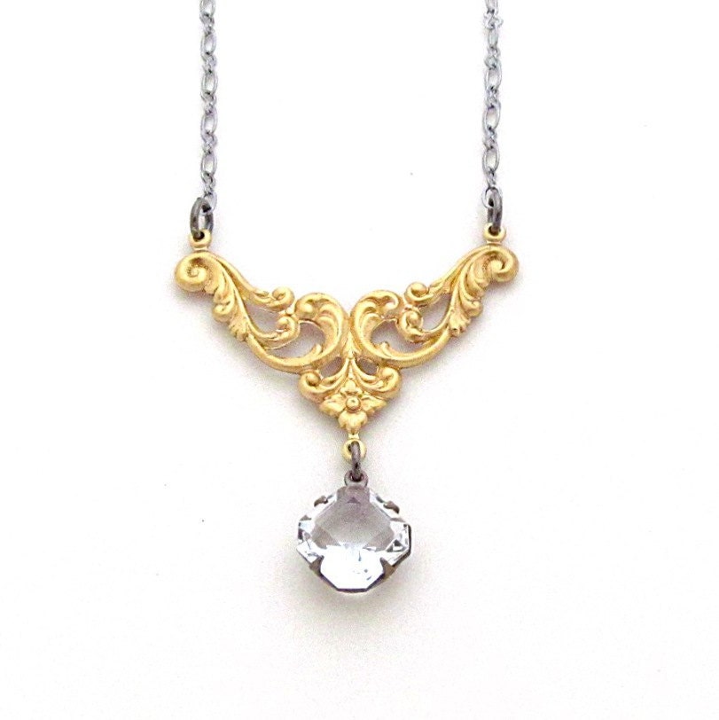 Art Deco Necklace Vintage Rhinestone Jewelry Brass Victorian Stamping Gunmetal Chain - Julia - laurenblythedesigns