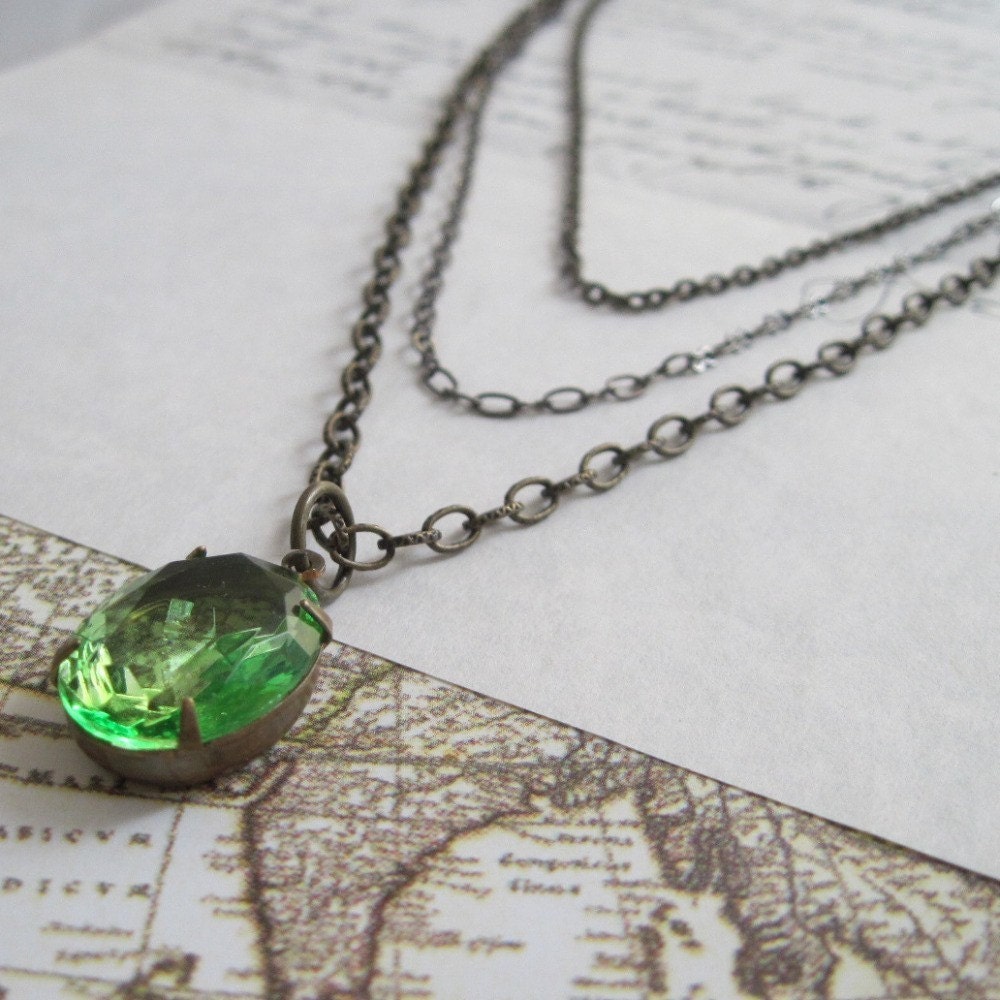 Peridot Jewel Necklace Vintage Glass Rhinestone Necklace Estate Style - Ava