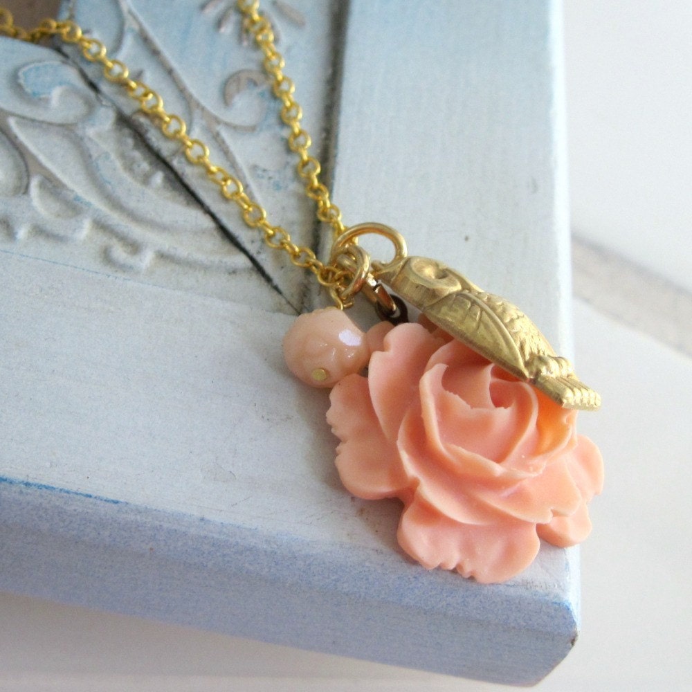 Jewelry Gold Owl Necklace Peach Rose Necklace Charm Necklace Cottage Chic Woodland Bridesmaid Jewelry - The Owl and the Rose