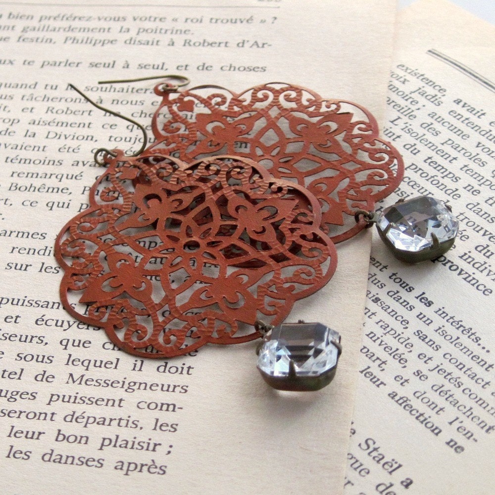 Pumpkin Earrings Filigree Earrings Lace Earrings Rhinestone Earrings Boho Earrings Vintage Glass Autumn Rustic - Pumpkin Spice