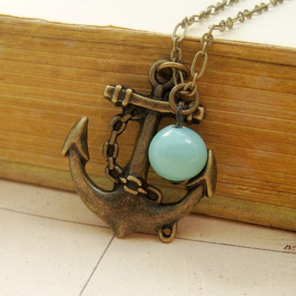 Nautical Anchor Necklace Vintage Turquoise Glass Bead Resort Charm Necklace Ocean - Sweet Anchor
