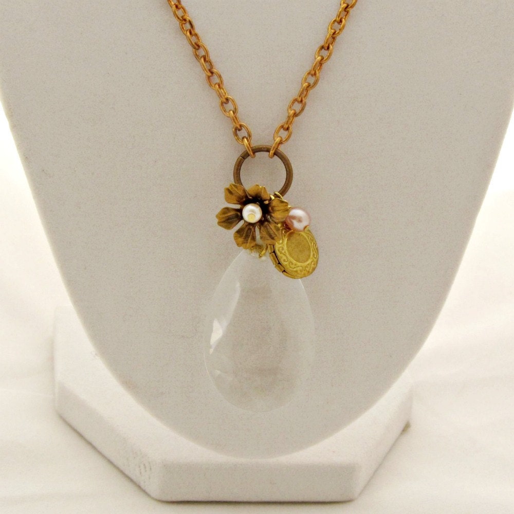 Crystal Pendant Necklace Chandelier Necklace Vintage Locket Necklace Charm Necklace Brass Flower Necklace Statement Necklace - Charmed