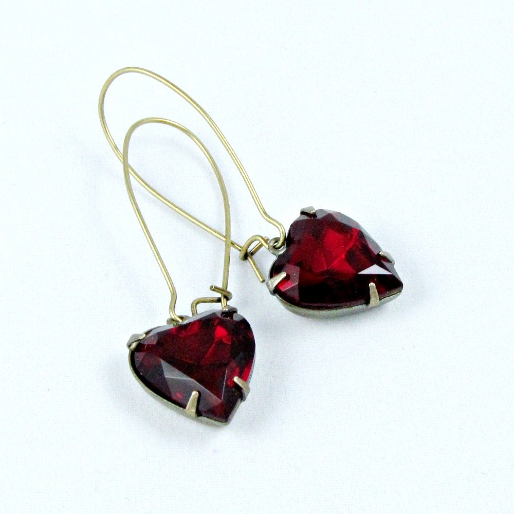 Red Heart Earrings Garnet Earrings Rhinestone Earrings Vintage Glass Jewels Romantic Old Hollywood Glamour Valentine - Hearts