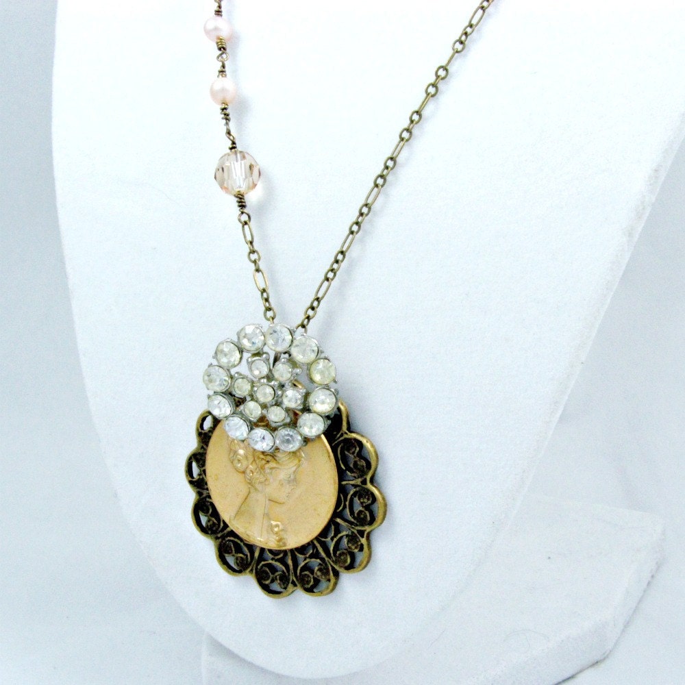 Silhouette Necklace Rhinestone Necklace Pink Pearl Necklace Cameo Necklace Cottage Chic Necklace Paris Necklace French Inspired - Emmaline