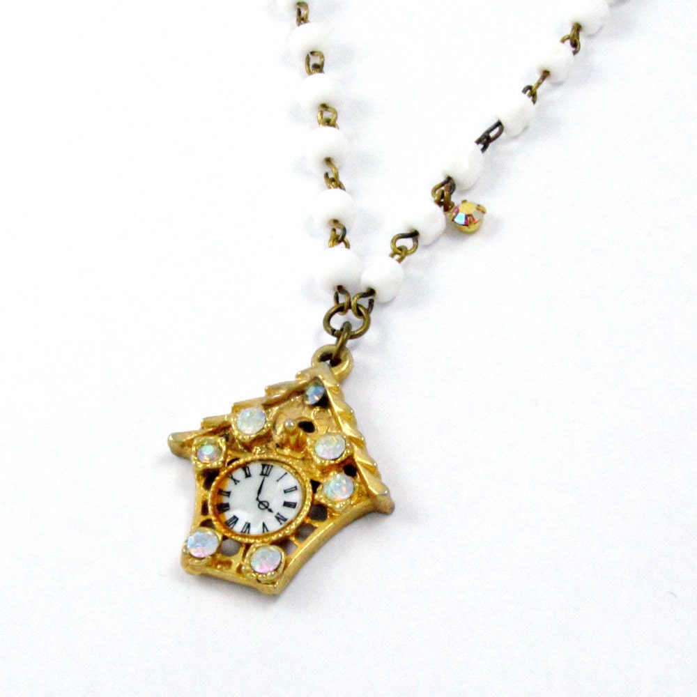 SALE Birdhouse Necklace Clock Necklace Vintage Clock Necklace Rhinestone Charm White Beaded Chain Mint Green Gold - Sparkle of Time