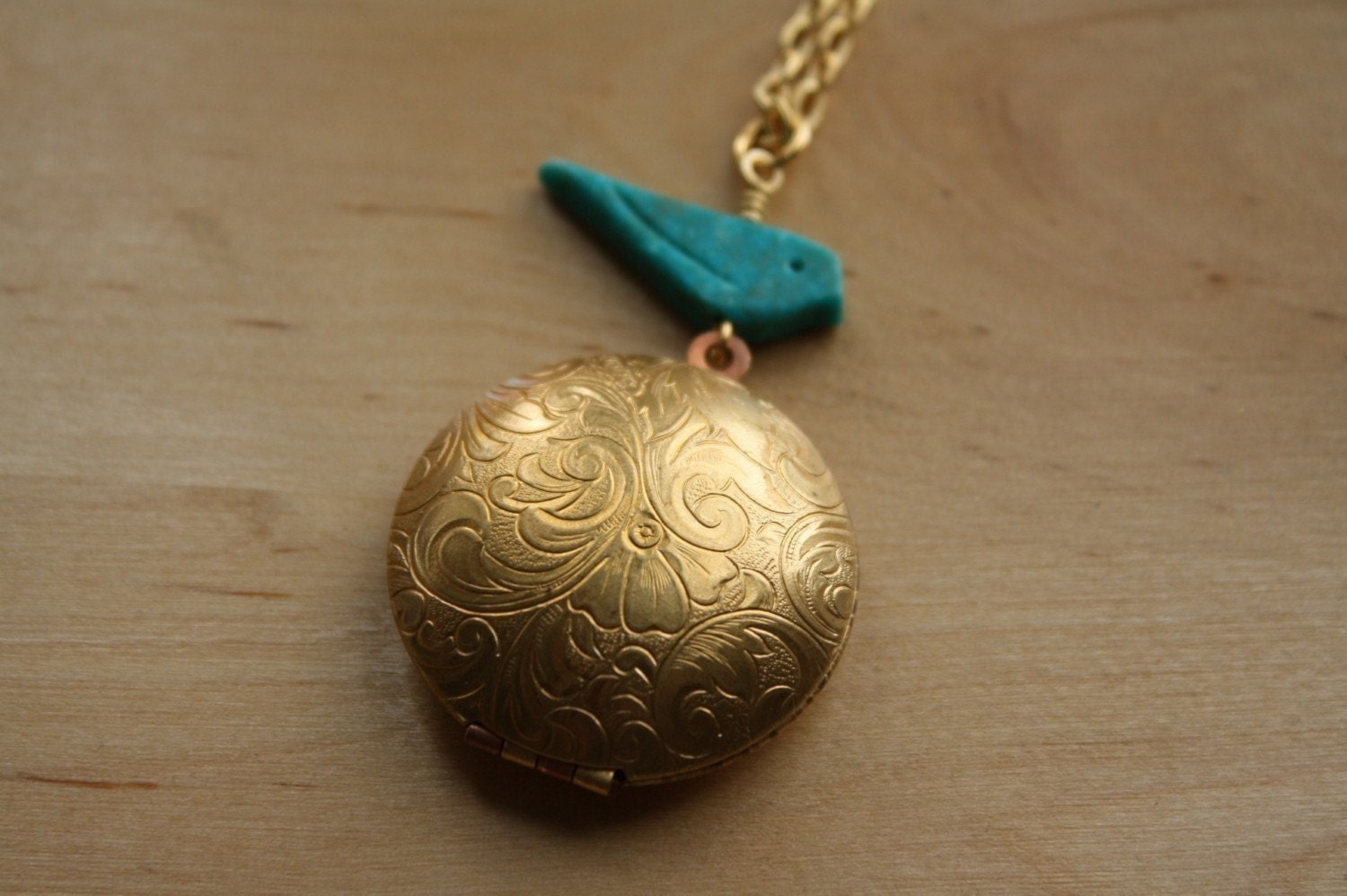 Blue Bird and Vines Perfume Locket, Gold Necklace, Turquoise Pendant, Long, Flower Jewelry, Round Perfume Compartment, Vintage Style Fashion
