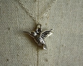 Small Pewter Hummingbird Necklace, Sterling Silver Chain, Miniature Bird Pendant, Charm Jewelry, Fashion Jewellery