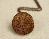 Round Filigree Locket, Long Vintage Silhouette Necklace, Copper Tone Raw Brass Pendant, Floral Vines, Long Chain