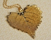 SALE - Gold Dipped Cottonwood Leaf Necklace, Heart Shaped Long Jewelry, Autumn and Fall Season Pendant