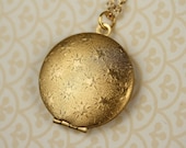 Textured Stars Locket Necklace, Round Pendant, Long Gold Chain, Raised Starry Pattern Design