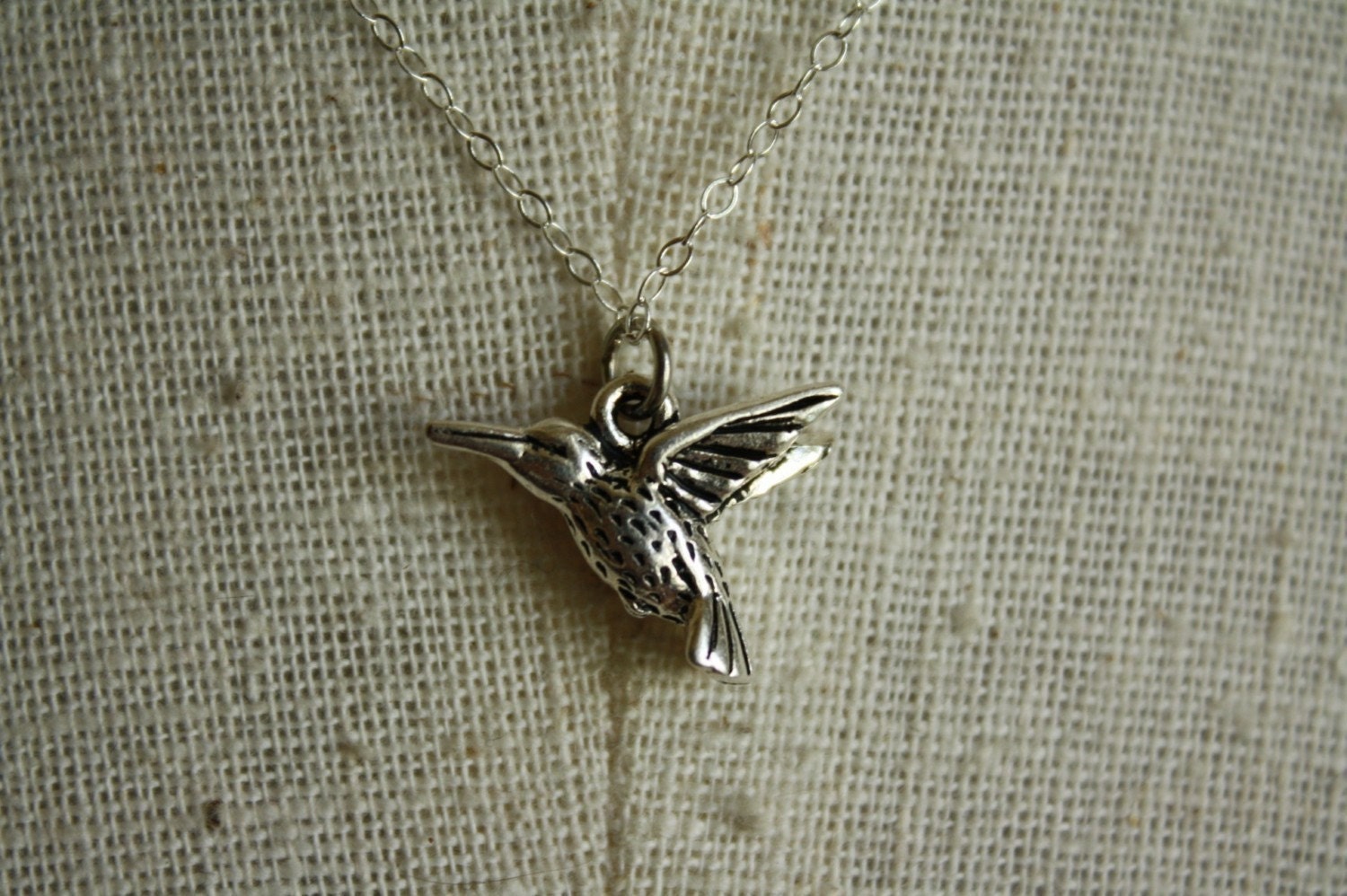 Small Pewter Hummingbird Necklace, Sterling Silver Chain, Miniature Bird Pendant, Charm Jewelry, Fashion Jewellery