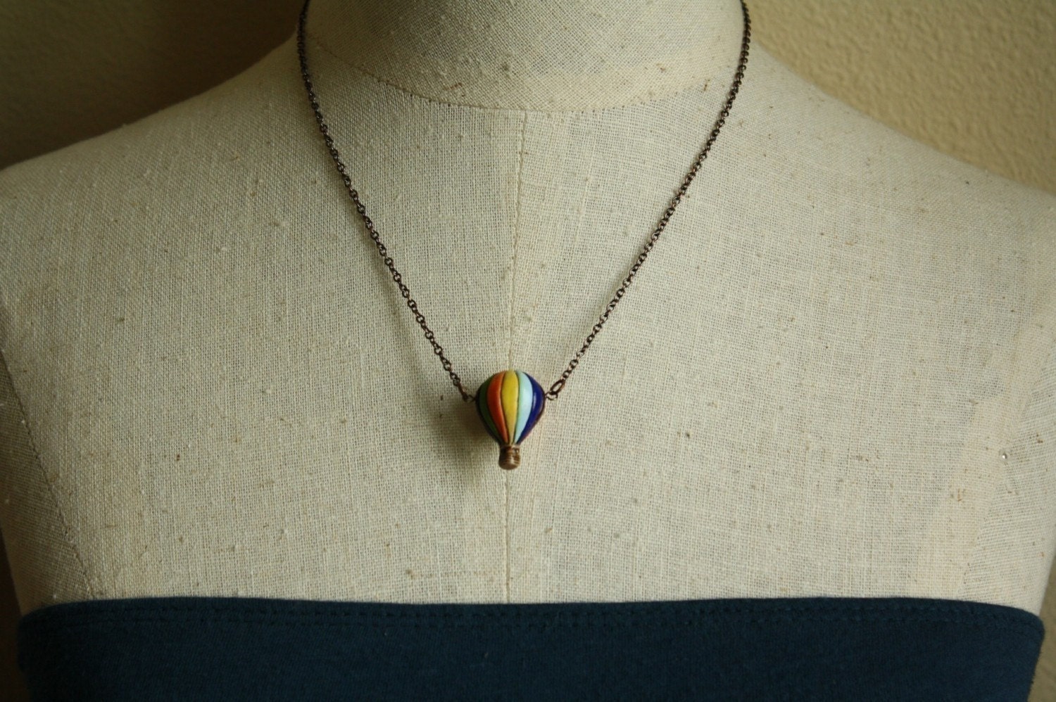 Hot Air Balloon Necklace, Painted Ceramic Pendant, Colorful Red, Blue, Green, Purple and Yellow Jewelry, Rainbow, Copper Chain