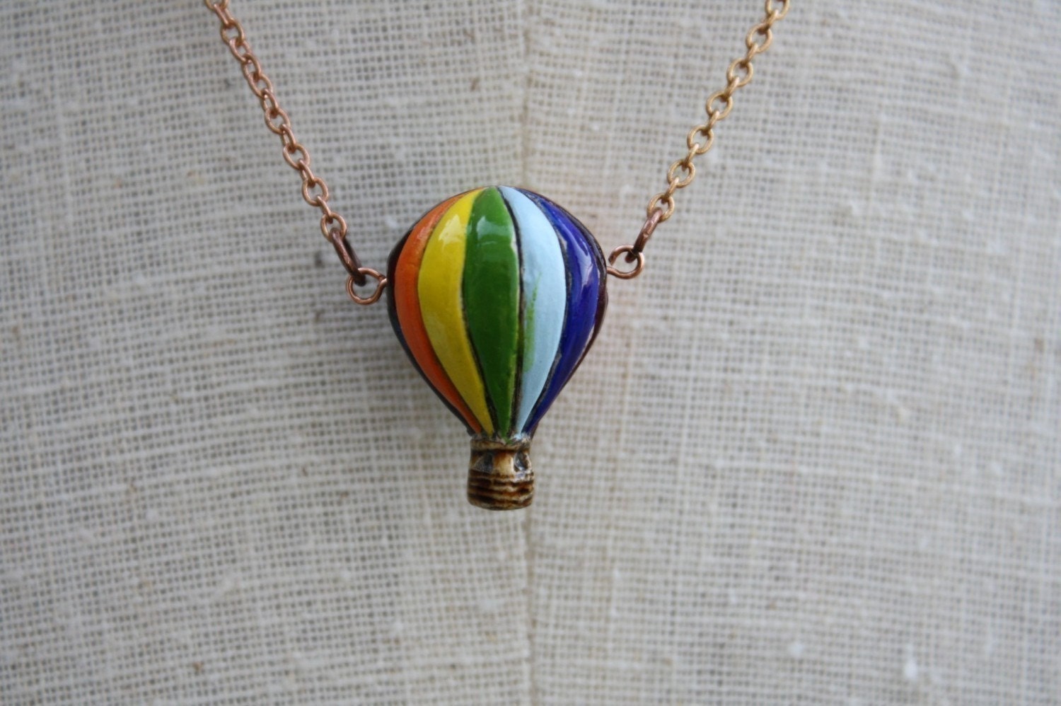Hot Air Balloon Necklace, Painted Ceramic Pendant, Colorful Red, Blue, Green, Purple and Yellow Jewelry, Rainbow, Copper Chain