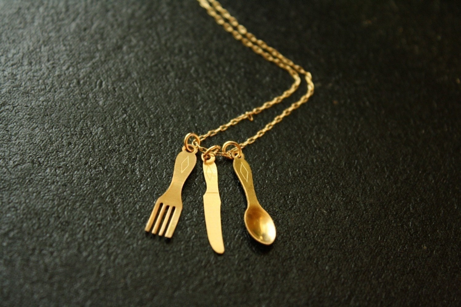 Long Spoon, Fork and Knife Necklace on a 14kt Gold Filled Chain, Eating Utensils, Food