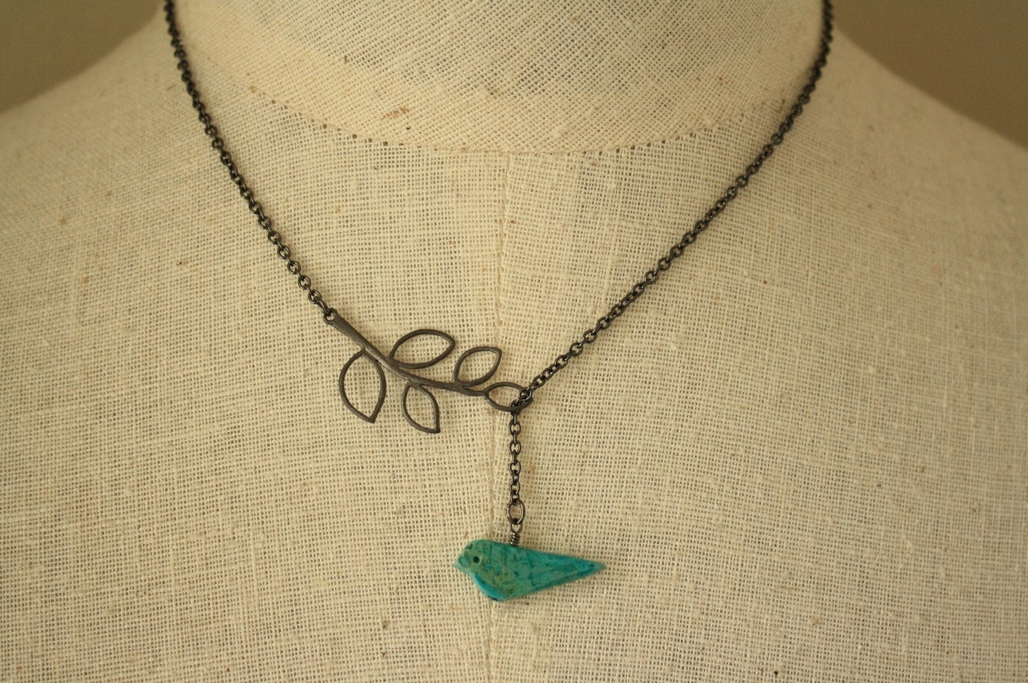Turquoise Blue Bird and Branch Lariat, Bridal Necklace, Gunmetal Chain, Leaf Silhouette, Jewelry, Bridesmaids Set, Bridal Fashion