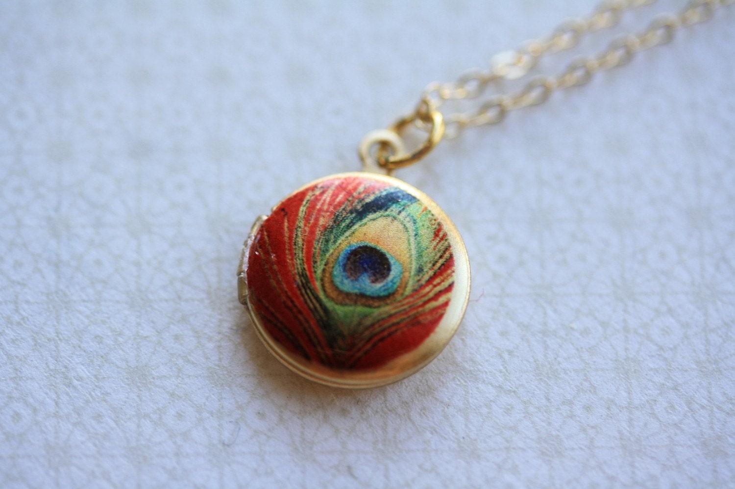 Small Red Peacock Feather Locket, Miniature Pendant Necklace, Tiny Image, 14kt Gold Filled Chain, Colorful and Whimsical Fashion