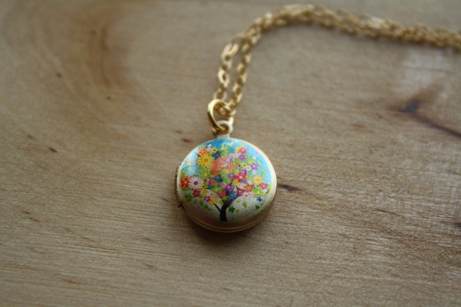 Small Flower Tree Locket  Pendant, Photo Necklace, Jewelry, Colorful Floral, 14kt Gold Filled Chain, Miniature Pendant, Tiny Charm