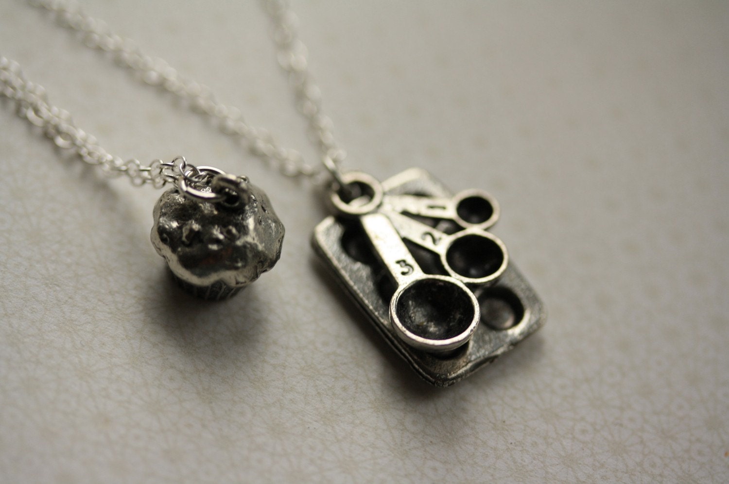 Cupcake Baking Necklace Duo, Baking Jewelry, Sterling Silver Chains, Measuring Spoons and Cupcake, Mother's Double Necklace
