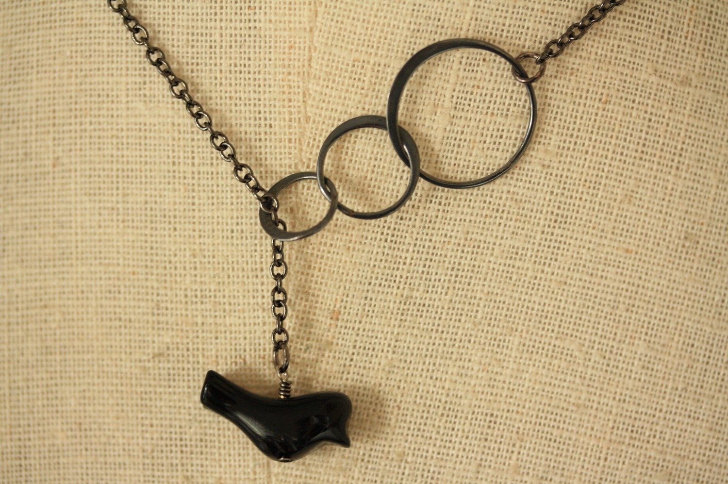 The Onyx Black Bird and Blackened Sterling Silver Rings Lariat Necklace