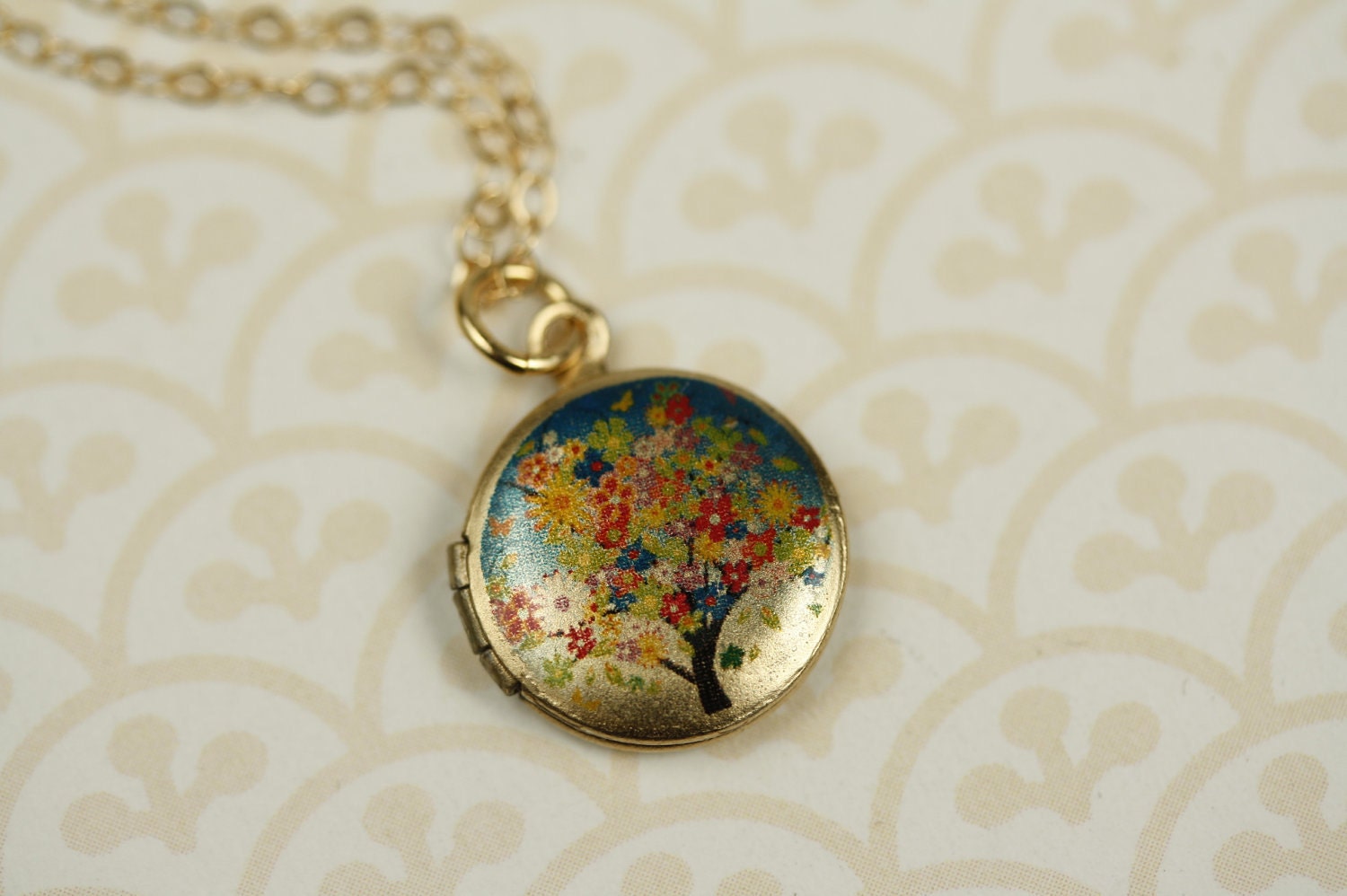 Small Flower Tree Locket  Pendant, Photo Necklace, Jewelry, Colorful Floral, 14kt Gold Filled Chain, Miniature Pendant, Tiny Charm