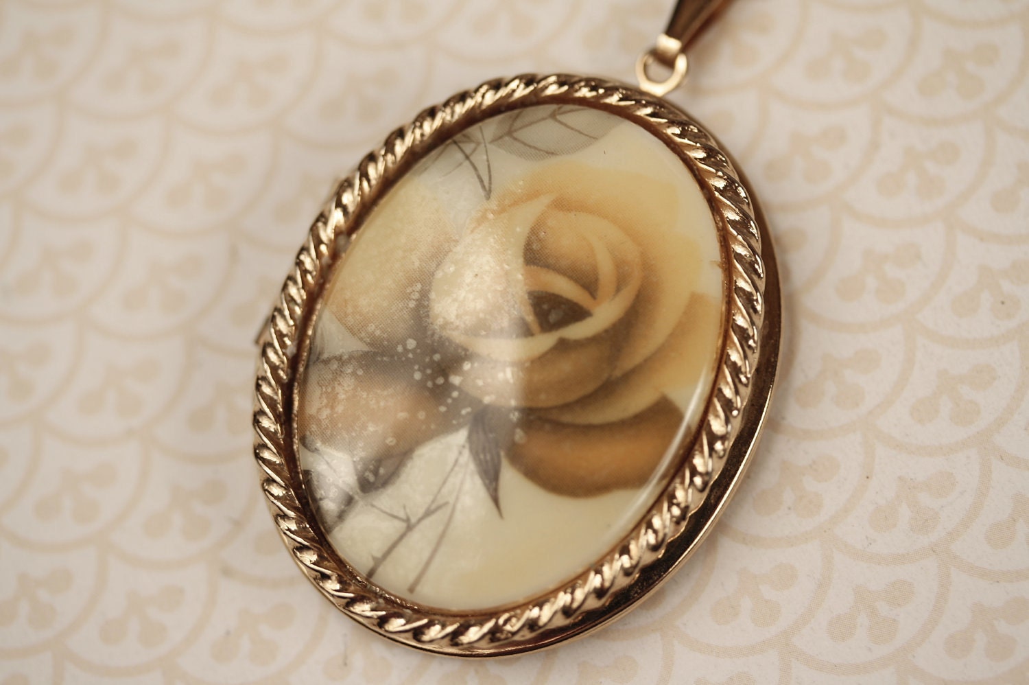 Large Yellow Rose Flower Locket Necklace, Long Gold Chain, Vintage Pendant, Colorful Jewelry, Cream, Green and White