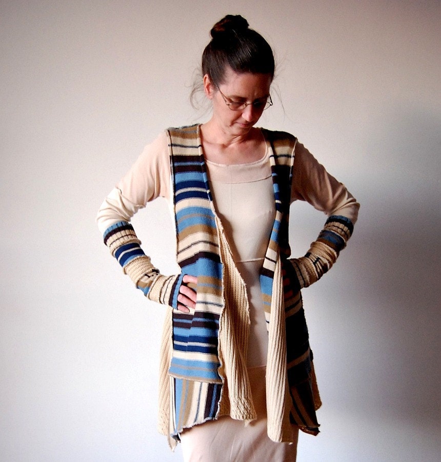 Upcycled Clothing Asymmetrical Vest and Arm Warmers Reconstructed Sweater Blue Beige Stripess Recycled Clothes Upcycled Woman's Clothing