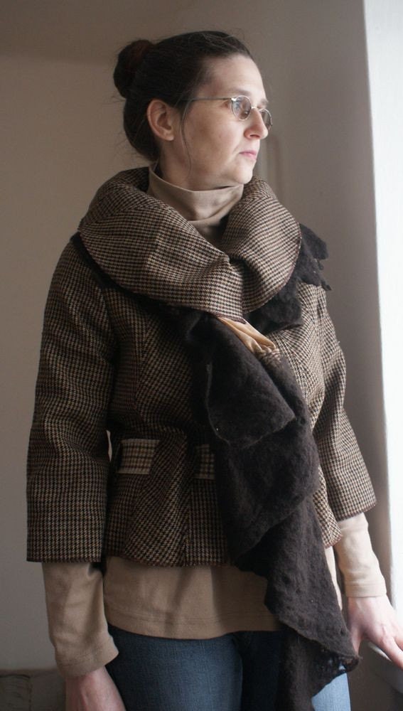 Upcycled woman's clothing Brown jacket in checked Eco friendly style Reconstructed jacket Spring fashion Big colar
