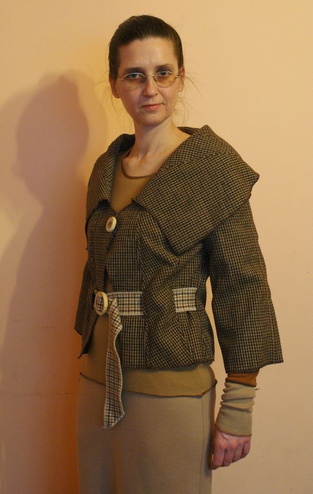 Upcycled woman's clothing Brown jacket in checked Eco friendly style Reconstructed jacket Spring fashion Big colar