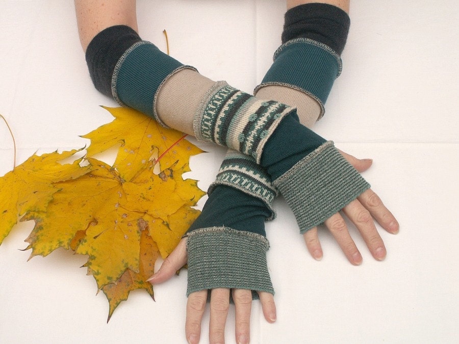 Arm Warmers Fingerless Mitens Gloves Teal Gray Man Teens Eco Friendly Funky Style Winter Fashion Upcycled Clothing