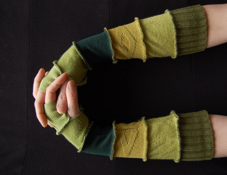 Arm Warmers Gloves Mittens Fingerless Made from Recycled Clothing Shades of Green Olive Winter Fashion Upcycled Clothing