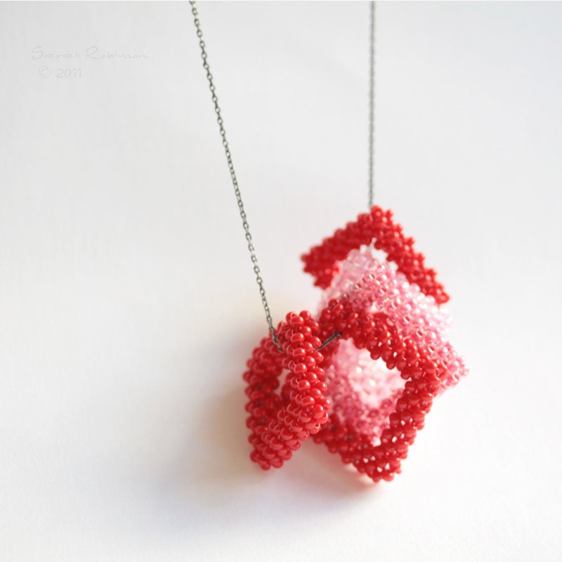 Red Geometric Necklace Handbeaded Pink Squares