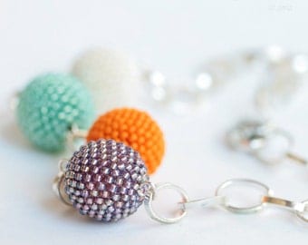 Beaded Beads Necklace Four Light Spring Colors. White, Mint , Orange, Lavand