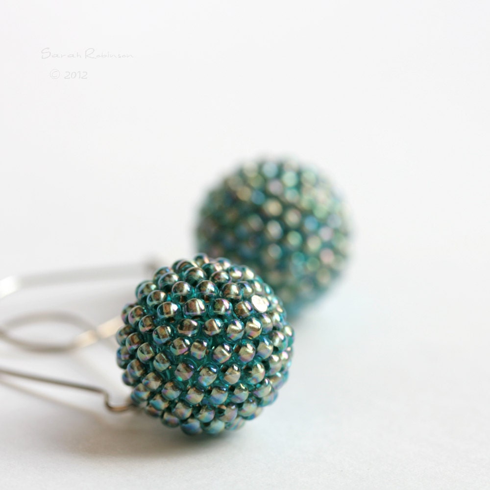 iridescent Blue Earrings Big Beaded Bead. Handbeaded Turquoise Dangle