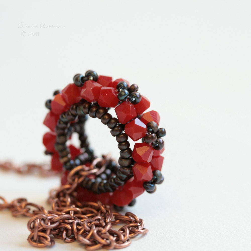 Red Swarovski Pendant Corail Mini Rosco Handbeaded