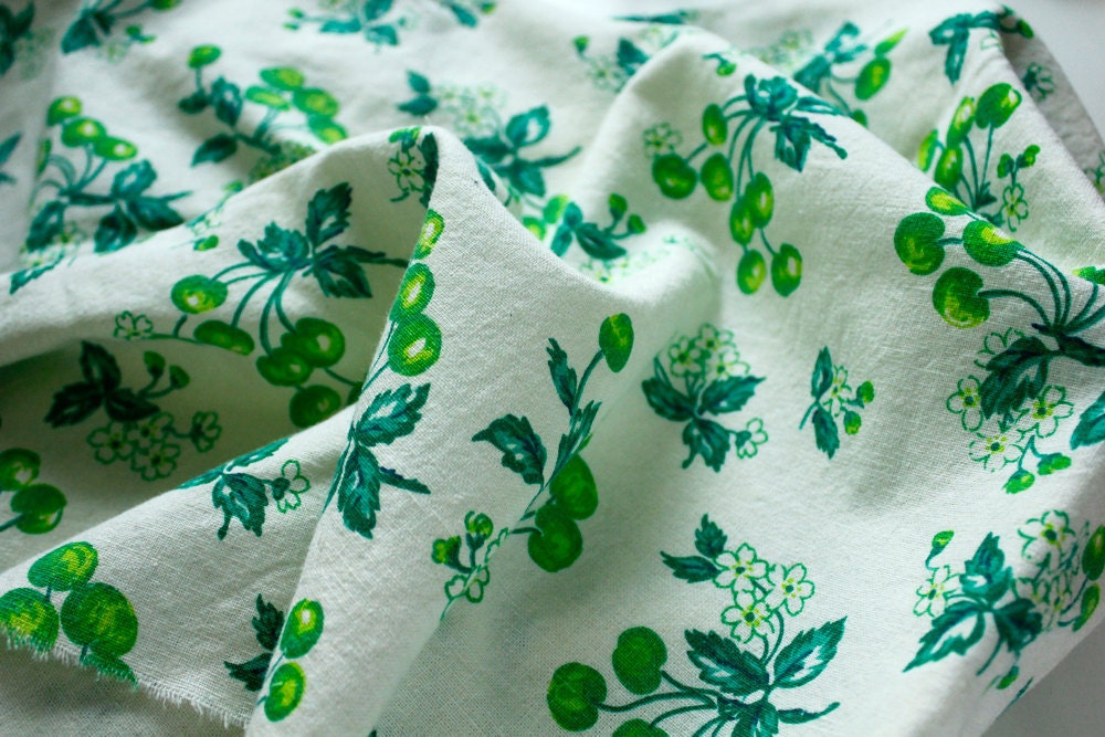 Cotton Linen Blend Fabric -  Lovely Cherries White Green