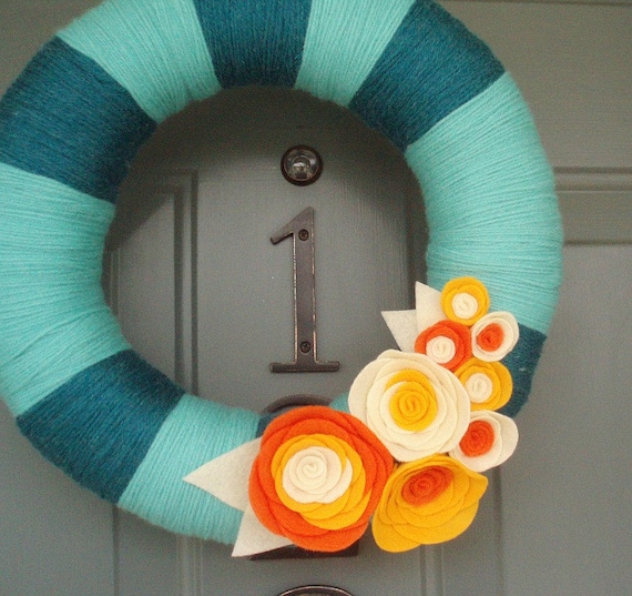 Yarn Wreath Handmade Front Door - Orange And Cream 12in.