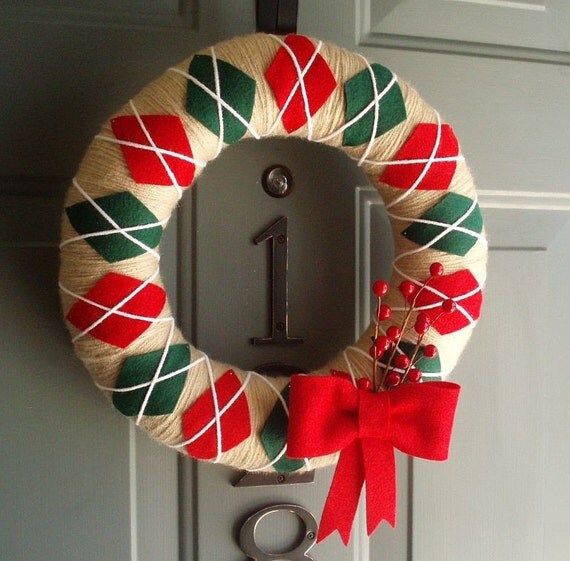 Yarn Wreath Felt Handmade Holiday Door Decoration - Classic Christmas 12in