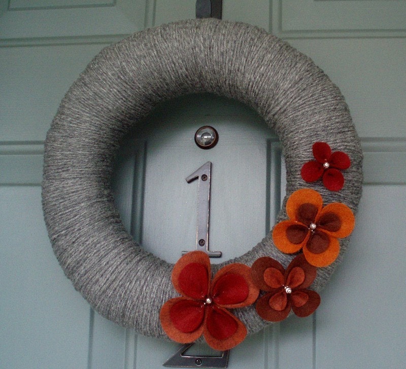 Yarn Wreath Felt Handmade Summer Door - Pretty Petals FALL 12in